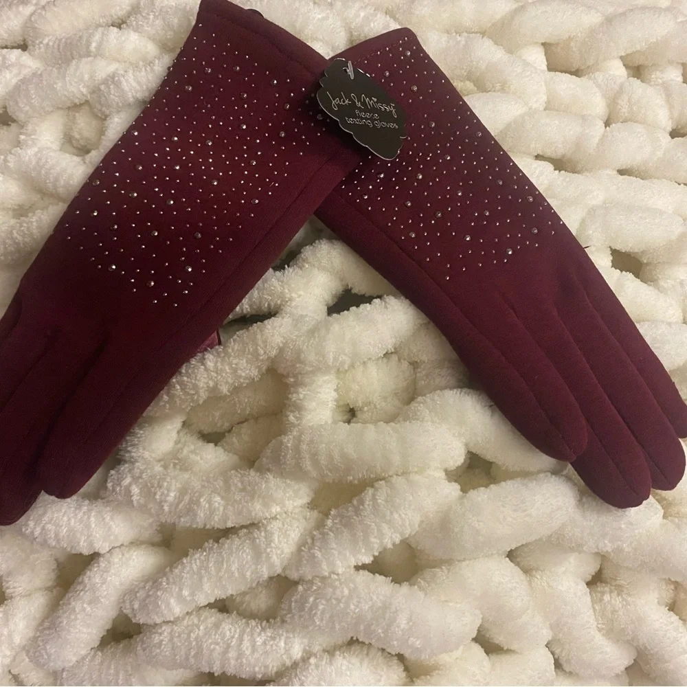 Jack And Missy Fleece Texting Gloves. Elegant Embellished Burgundy.